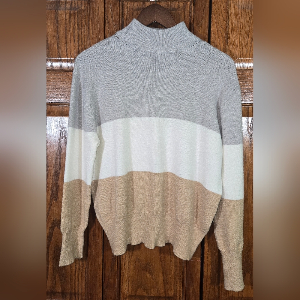Poof Apparel Color Block Long Sleeve Soft Stretchy Sweater Gray Cream Tan Sz L